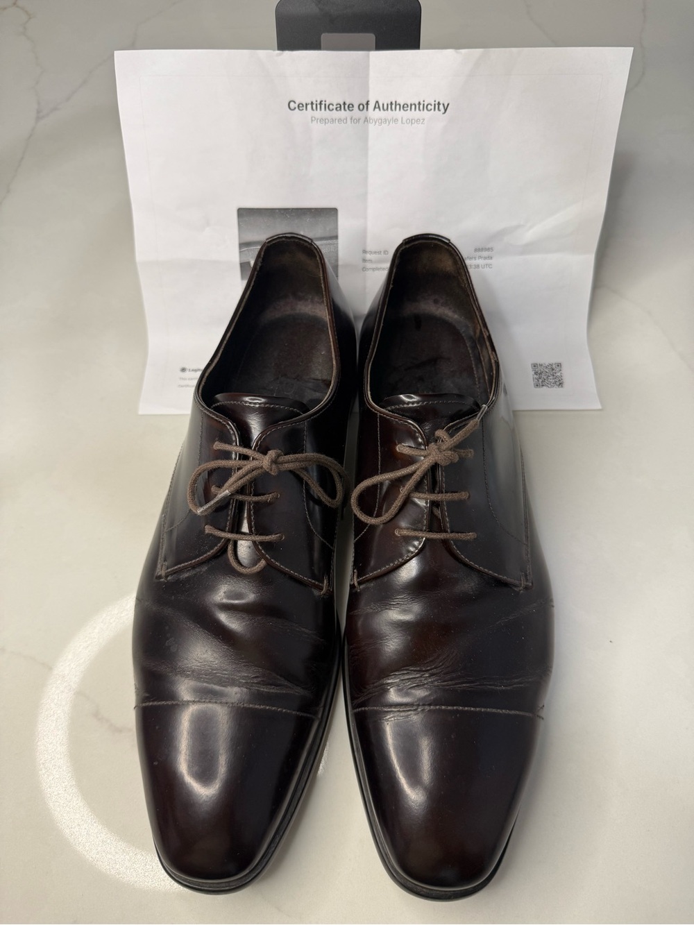Authentic Prada Men’s Burgundy Spazzolato Leather  Derby Dress Shoes US 10.5